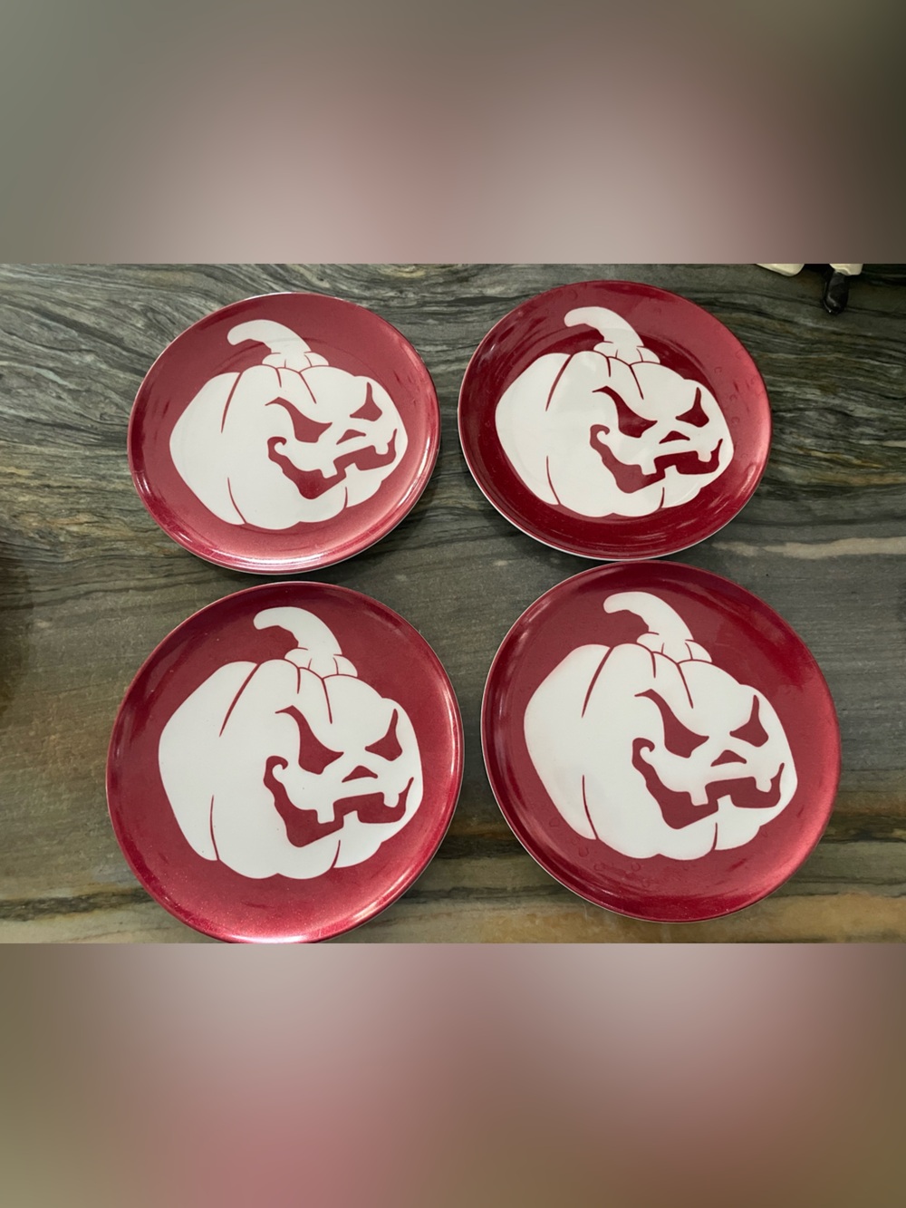 Halloween Jack-o’-lantern Set of 4 Red and White Decorative Plates 7”